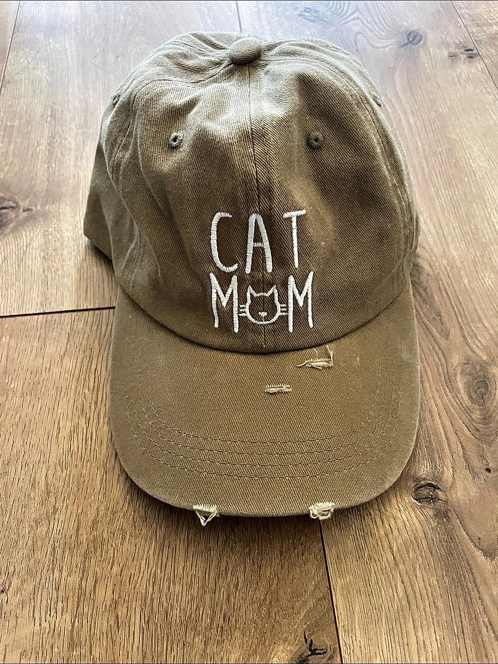 Cat Mom Embroidered Distressed Hat in Brown Khaki